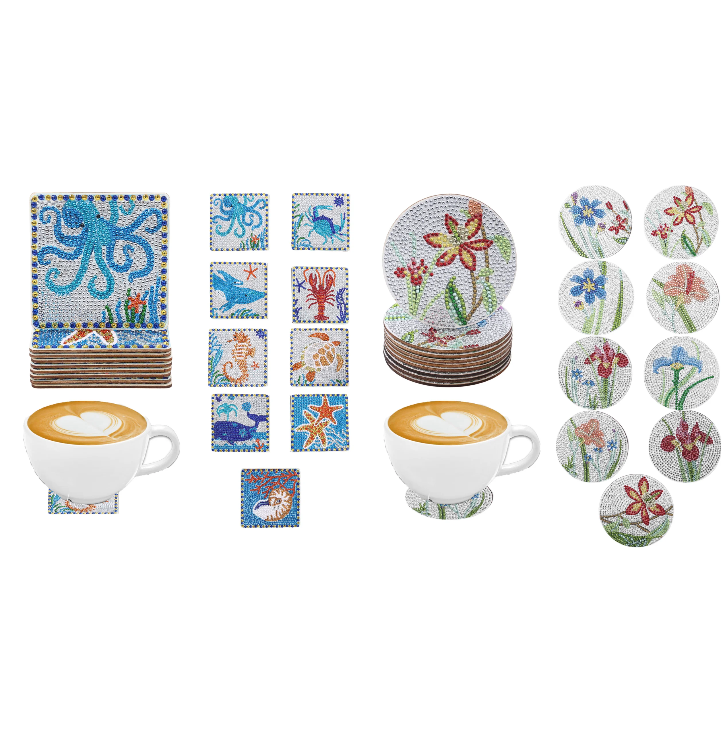 9 DIY-Untersetzer-Set mit Diamantmalerei im Meerestier-/Blumenmotiv, rutschfeste Untersetzer aus Holz, Wohnzimmer, Küche