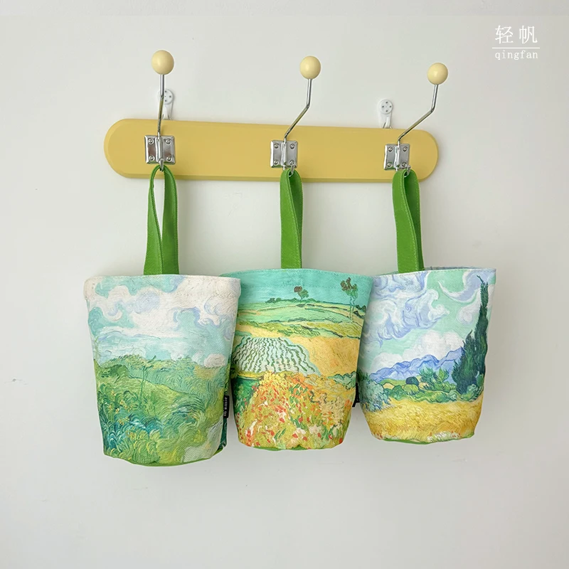 

Light sail new Van Gogh oil painting green fresh printing portable water cup bag small portable walking bag logo customization