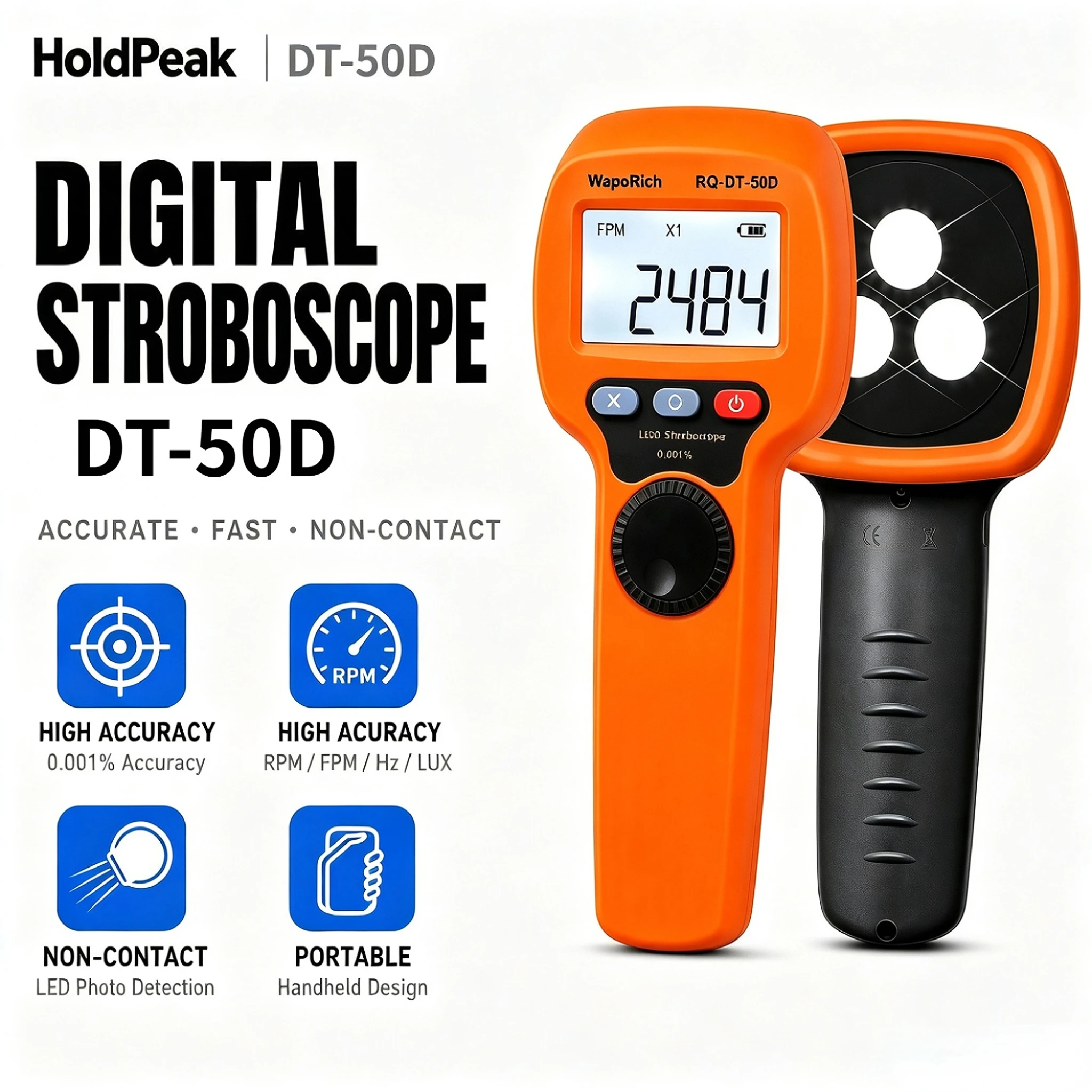 HoldPeak LED Stroboscope 0.001%Acc 360°Dialx1/x10/x100 Gear RPM/Hz/LUX Non-Contact QC Tester for Motor/Pump/Line CE Calibration