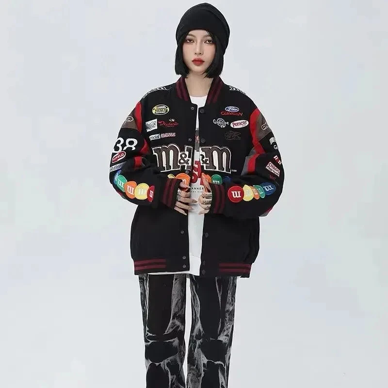 Bomber Jacket Women Hip Hop Letter M&M Embroidery Motorcycle Loose Casual Coat Unisex Street Racing Varsity Baseball Outwear