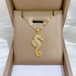 Fashion Zircon Hippocampu Seahorse Pendant Necklaces for Women Men Hip Hop Stainless Steel Chain Jewelry Gifts for Lover Friends