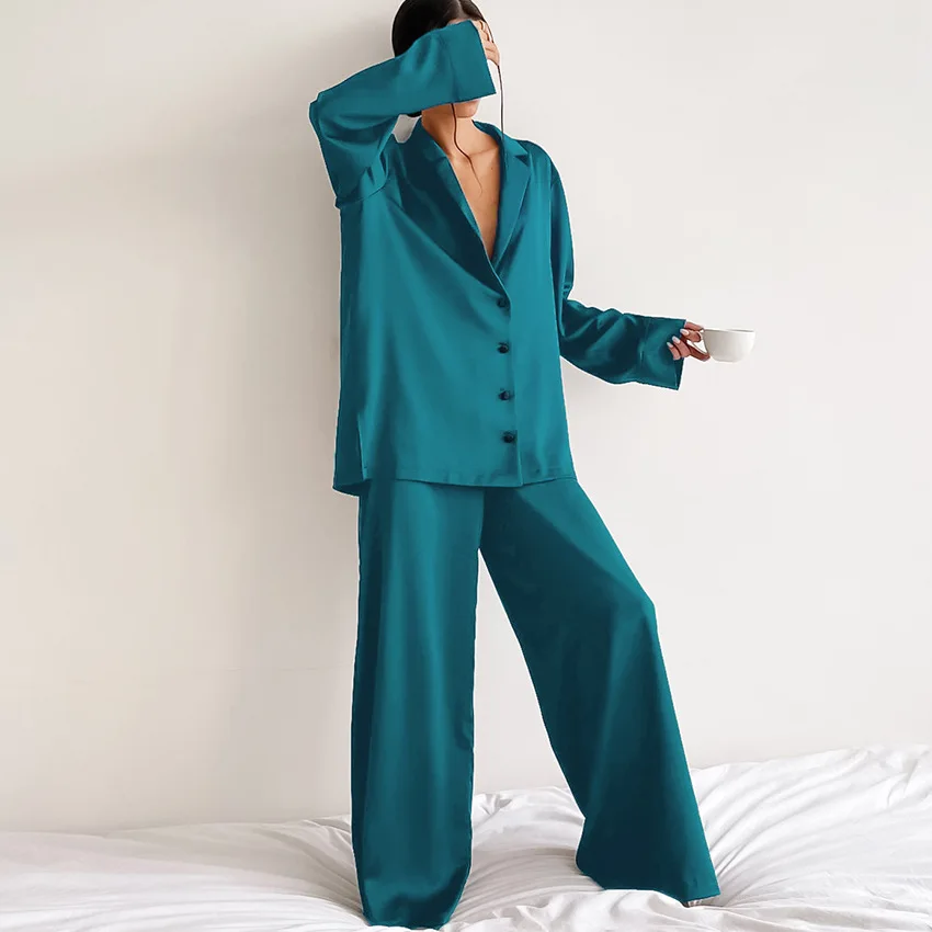 Pyjama Sexy en Satin pour Femme, Coupe Basse, Simple Boutonnage, Manches sulf, Pantalon à Jambes Larges, Nouvelle Collection 2024