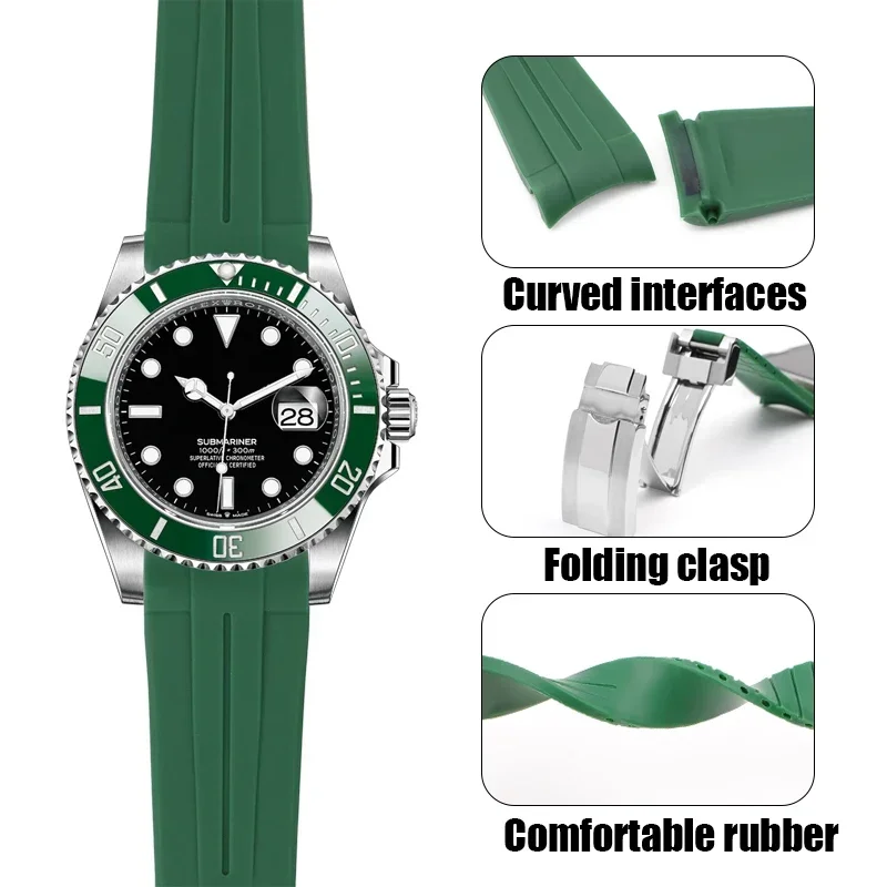 TPU Rubber Strap for Rolex Submariner Black Green Water Ghost 126613 12610 Curved End Diving Silicone Watch Band Bracelet 21mm