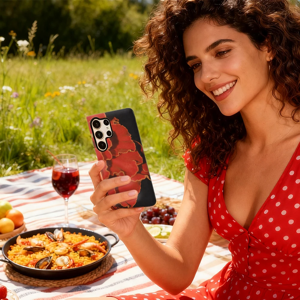 เคสโทรศัพท์ลายกลีบดอกไม้สีแดงวินเทจ สำหรับ Samsung Galaxy S20 FE S22 S24 S25 Plus Ultra 4G 5G หรูหรา แบบสองชั้น