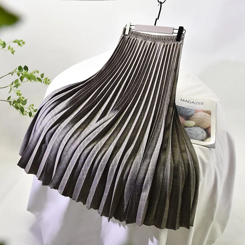 78cm Long Pleated Plaid Skirt Female Autumn and Winter Retro All-match High Waist Slim Mid-length A-line Skirt