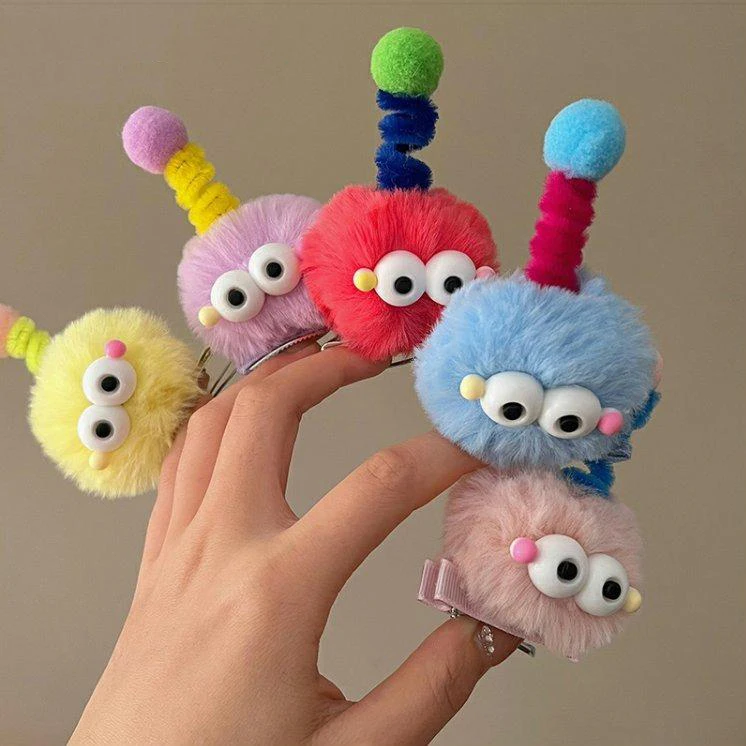 Cute Little Monster Hairpin Women Funny Cartoon Antenna Plush Ball Doll Hairpin New Plush Headdress Festival Party Accessories