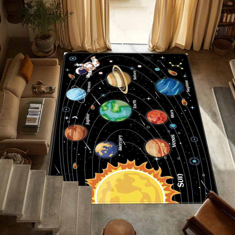 Cartoon Astronaut Carpet Outer Space Universe Planet Area Rug for Kids Boy Playroom Classroom Living Room Decor Non-slip Doormat