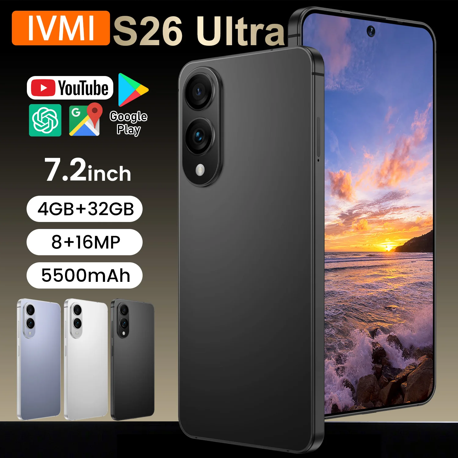 IVMI S26 Ultra 7.2 Smartphone 4GB+32GB 8MP+16MP Camera Bluetooth Wi-Fi Google Supported Mobile Phone