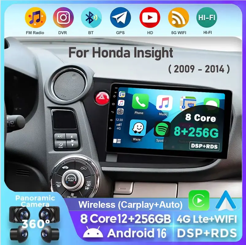 9 Zoll Android 16 für Honda Insight 2 LHD RHD 2009 - 2014 Auto Radio Multimedia-Player GPS-Navigation Kabelloses Carplay DSP