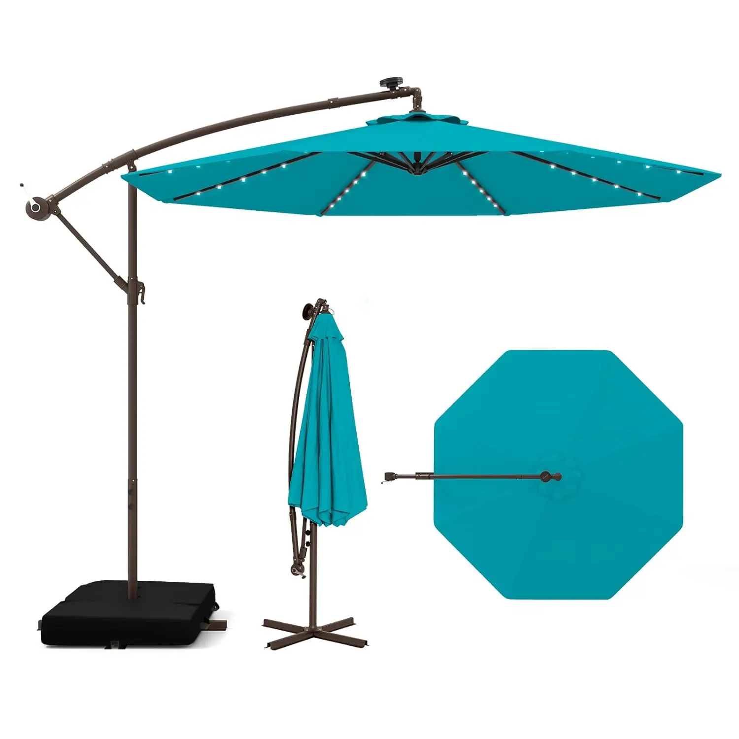 

10FT Offset Patio Umbrella with Base Included, Outdoor Cantilever Umbrella with 32 Solar LED Lights, Tilt, Customized