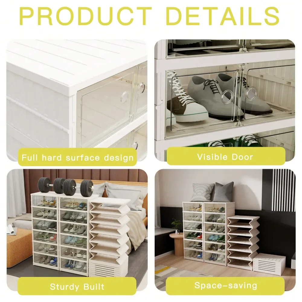 12Pair Transparent DoorFoldable Shoe Rack Plastic Foldable Transparent Shoe Box, Equipped With Magnetic Door Seals, Easy To Ass