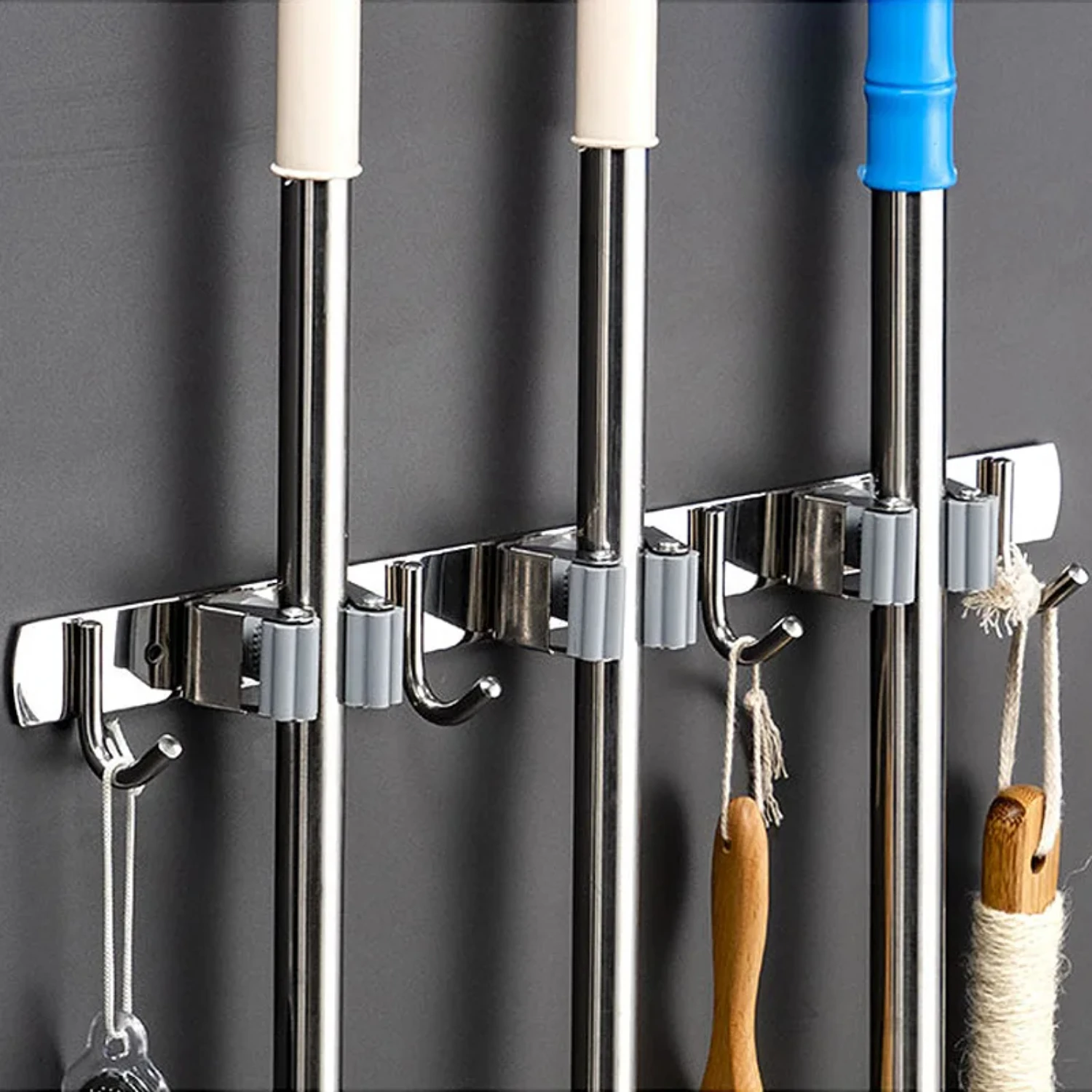 Sturdy Stainless Steel Wall Mount Broom Hook Mop Organizer Holder for Kitchen and Bathroom Organization Accessories