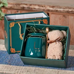 Ceramic mug with spoon and lid gift box, Lucky Ceramic Cup with handle, suitable for coffee, tea, juice, milk, and water