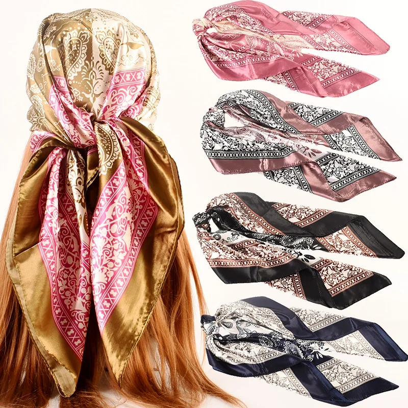 

Spring Autumn New 90 Printed Satin Large Square Scarf Bicolor Cashew Nut Wholesale Women's Fashion Scarf Silk Scarf Turban Shawl