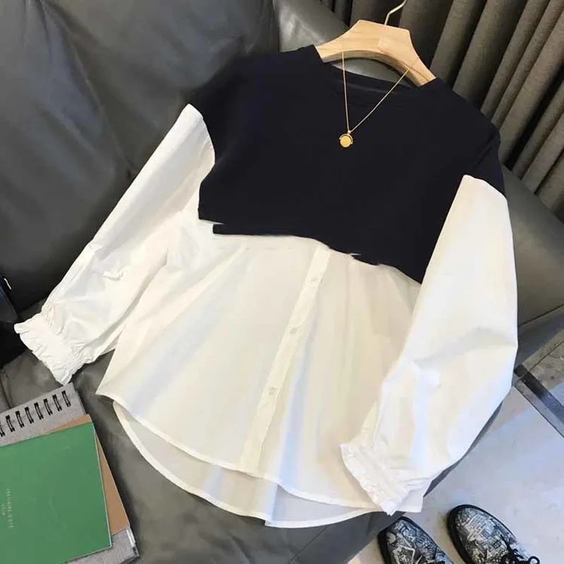 New Autumn Fashion Trend Design Fake Two Piece Panel Loose Versatile Slim and Reduced Age Commuter Long Sleeve Casual Sweater