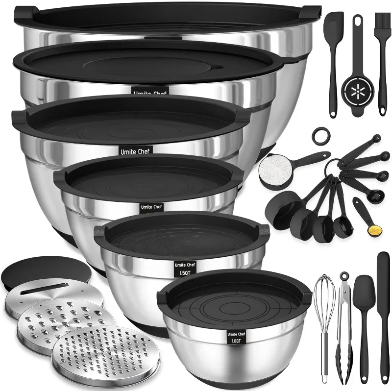 

Umite Chef Mixing Bowls with Airtight Lids, 26Pcs Stainless Steel Bowls Set, 3 Grater Attachments & Black Non-Slip Bottoms Size