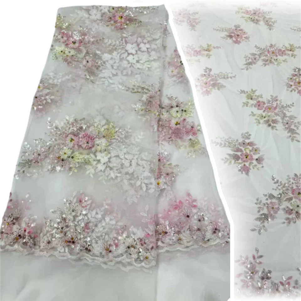 

African Embroidery Tube Sparkle Beads Embroidery Mesh Lace Bridal Dress Designer Fabric French Fabric 2025 New Product SZ1723