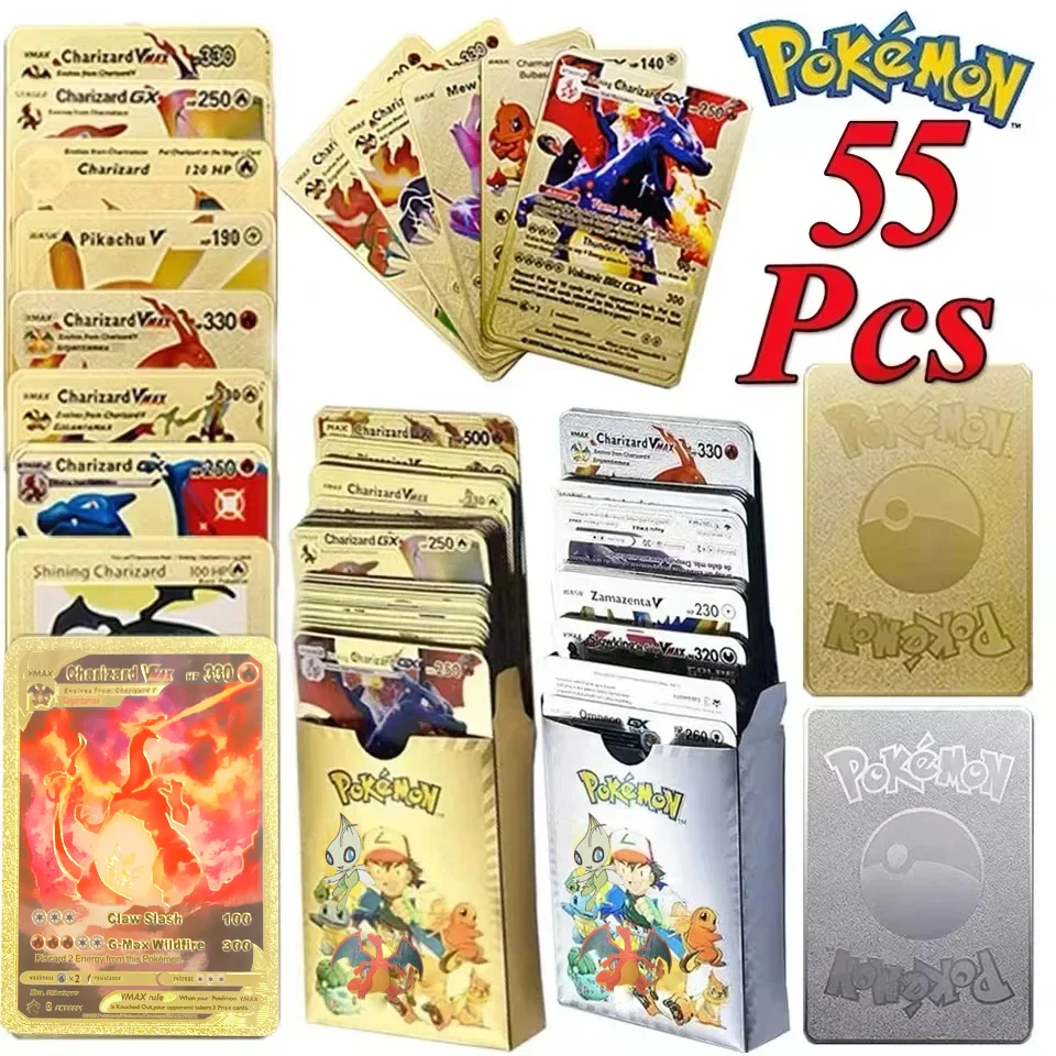 Pokemon Ultra Rare Collection Cards, Gold Battle Cards, 3D Pikachu Charizard, Vmax dourado colorido, DX GX, prata e preto, 55PCs