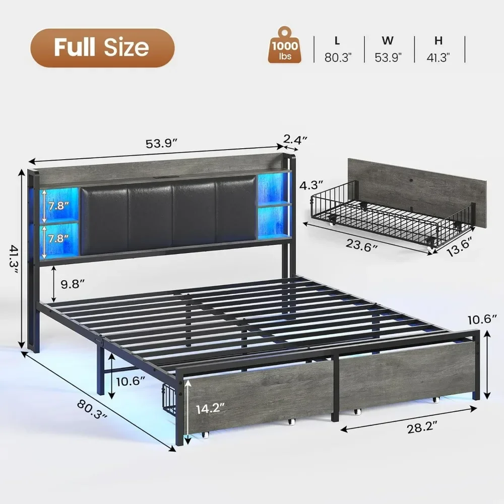 Full Bed Frame with Headboard and 2 Storage Drawers, Full Size Bed Frame with Charging Station and Led Lights,Modern Upholstered