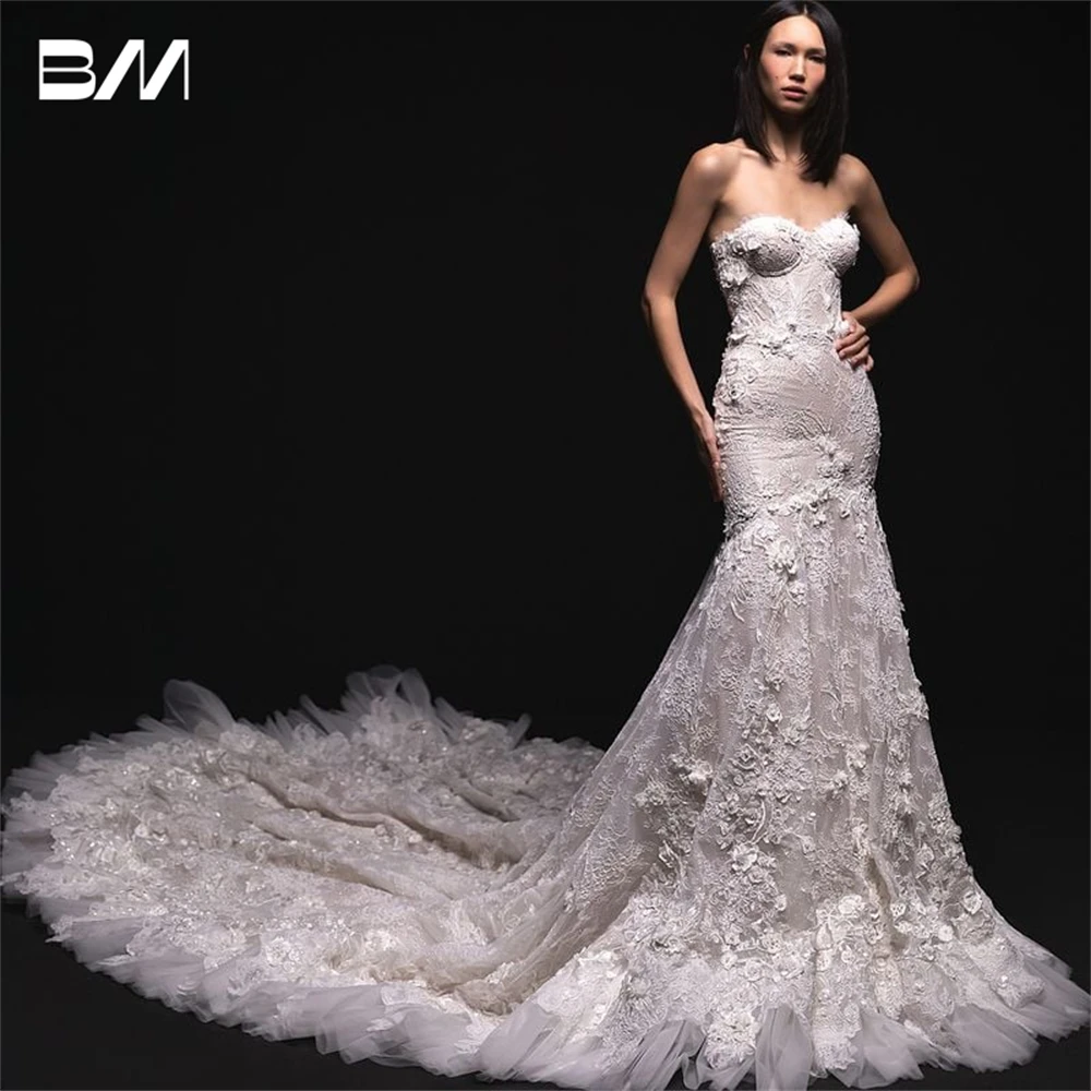 

Luxury Lace Wedding Dress, Strapless Mermaid Long Bride Dresses, Customized, Tulle Ruffled Chapel Train Floral Bridal Gown