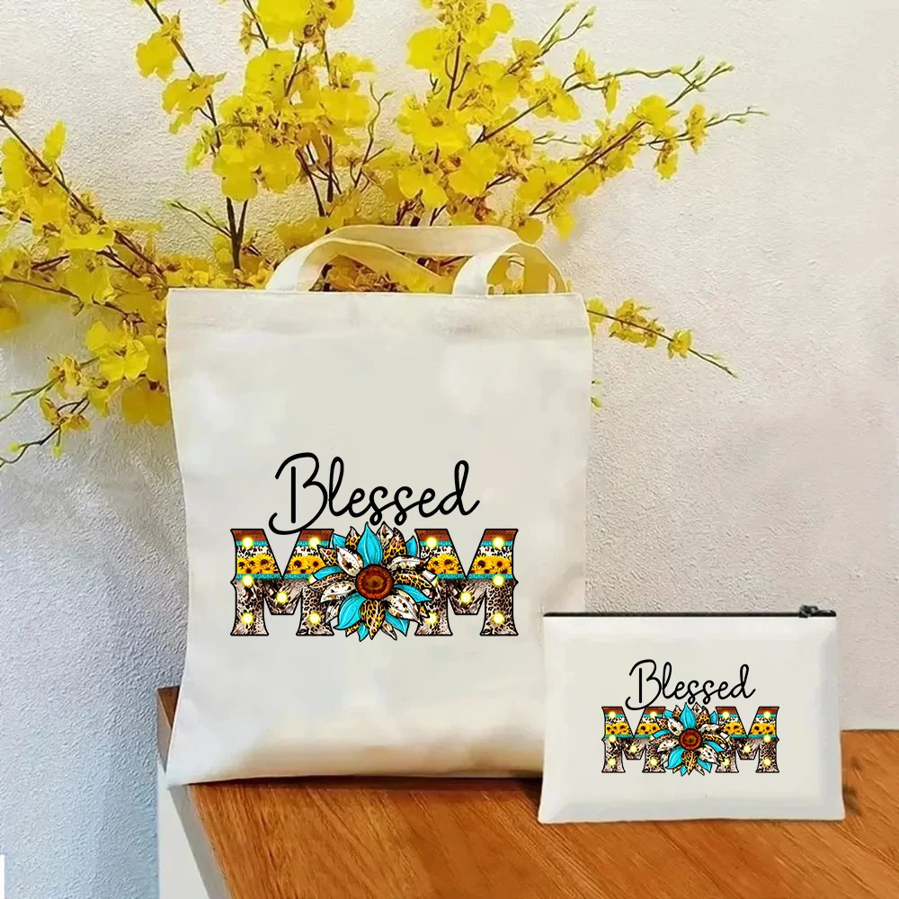 Blessed Mom Boho Mandala Canvas Tote Bag with Makeup Pouch Set Women Reusable Shopping Handbag for Mother Day Gift Wrap
