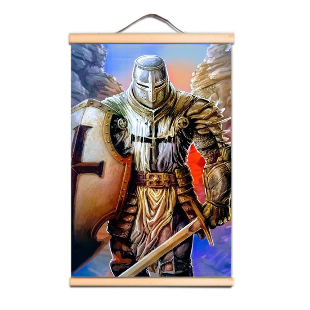 

Here's a Stunning Scroll Painting of a Templar Knight, Vintage Canvas Print Artwork Medieval Crusader Warrior Wall Art Poster B2