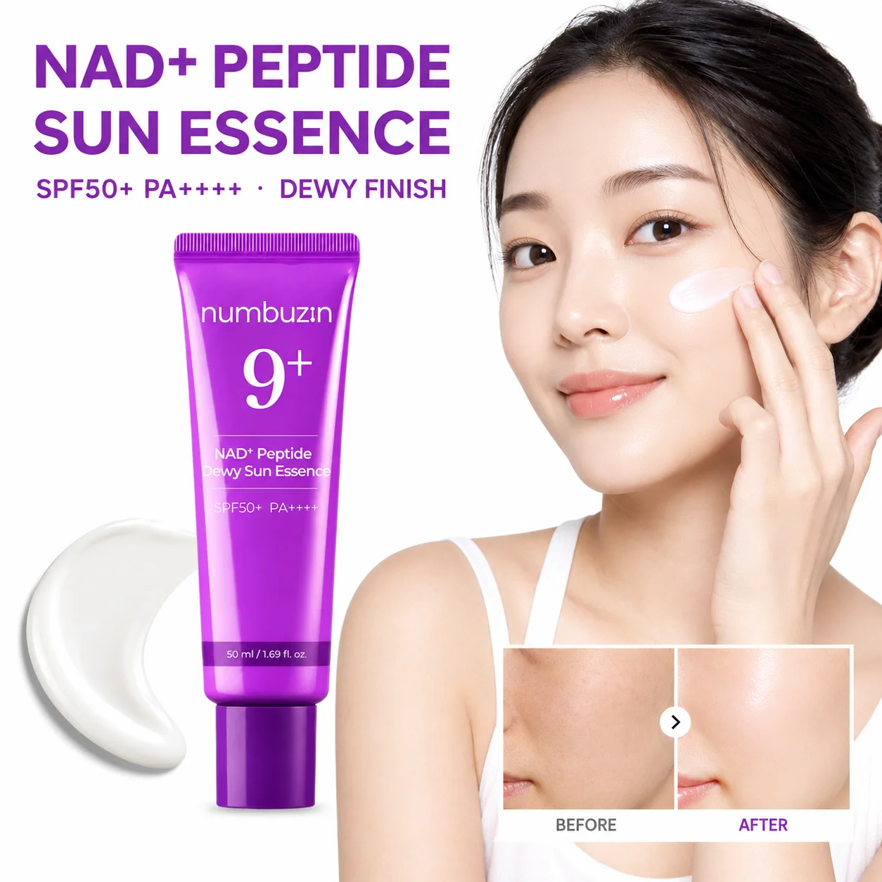 Numbuzin 9+ NAD Peptide Dewy Sun Essence SPF50+ PA++++ Collagen Moisturizing Quick Absorbing Facial Sunscreen Outdoor Skin Care