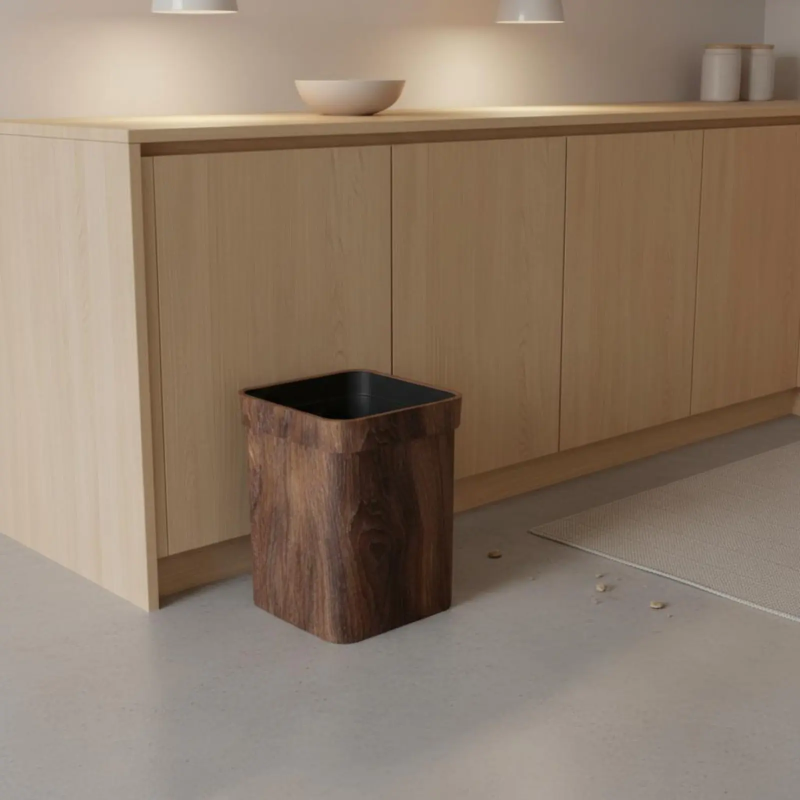 Wood Grain Trash Can Stylish Design Wood Effect Rubbish Bin Square Garbage Bin Wide Opening Uncovered Top Wastebasket Rounded