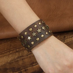 2025 Star Round Nail Leather Bracelet for Men Retro Brown Cuff Wide Bracelet Charm Trendy High-end Adjustable Accessories Gift