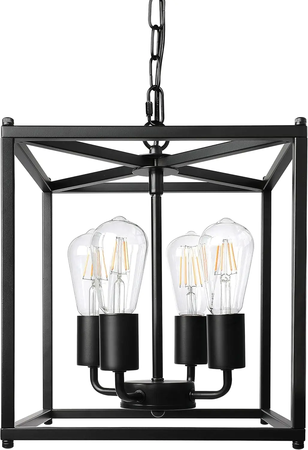 Unicozin 4-Light Black Farmhouse Chandelier, Iron Lantern Pendant Light Rustic Cage Adjustable Height, E26 Base Industrial