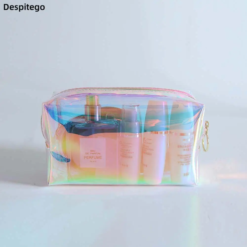 Women Portable Mini Holographic Cosmetic Pouch Clear Laser Pvc Makeup Pouch Girls Transparent Round Lipstick Storage Bag