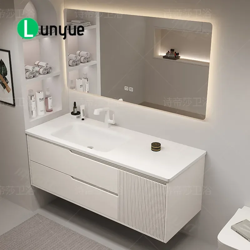 Modern Minimalist Oak Bathroom Cabinet with Integrated DuPont Corian Basin Smart Washbasin Vanity Unit for Contemporary Home