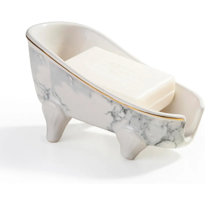 

5.5" Self Draining Mini Bathtub Soap Dish, Ceramic Bar Soap Holder with Drain, Marble Pattern Decorative Soap Saver