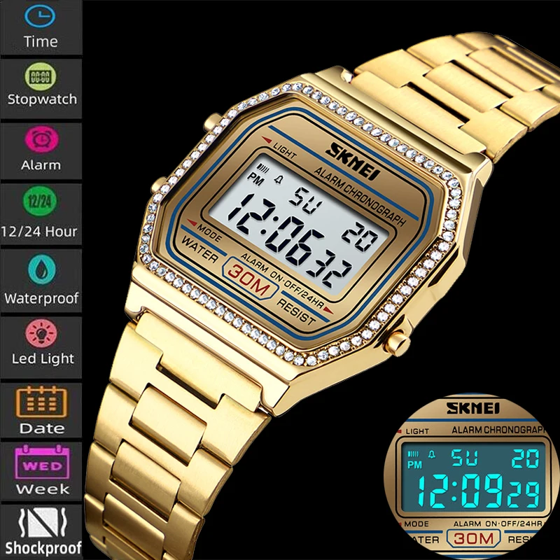 Skmei Female Watch Fashion Rhinestone Dial Waterproof Led Chronograph Women\'s Digital Wristwatch Alarm Clock Relogio Feminino