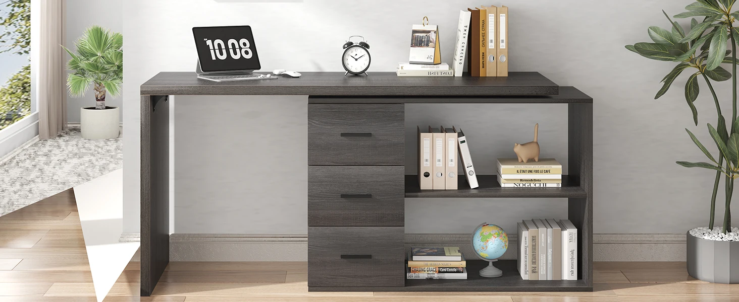 HSH L Shaped Computer Desk with Drawers, L Shaped Desk with Storage Cabinet Shelves