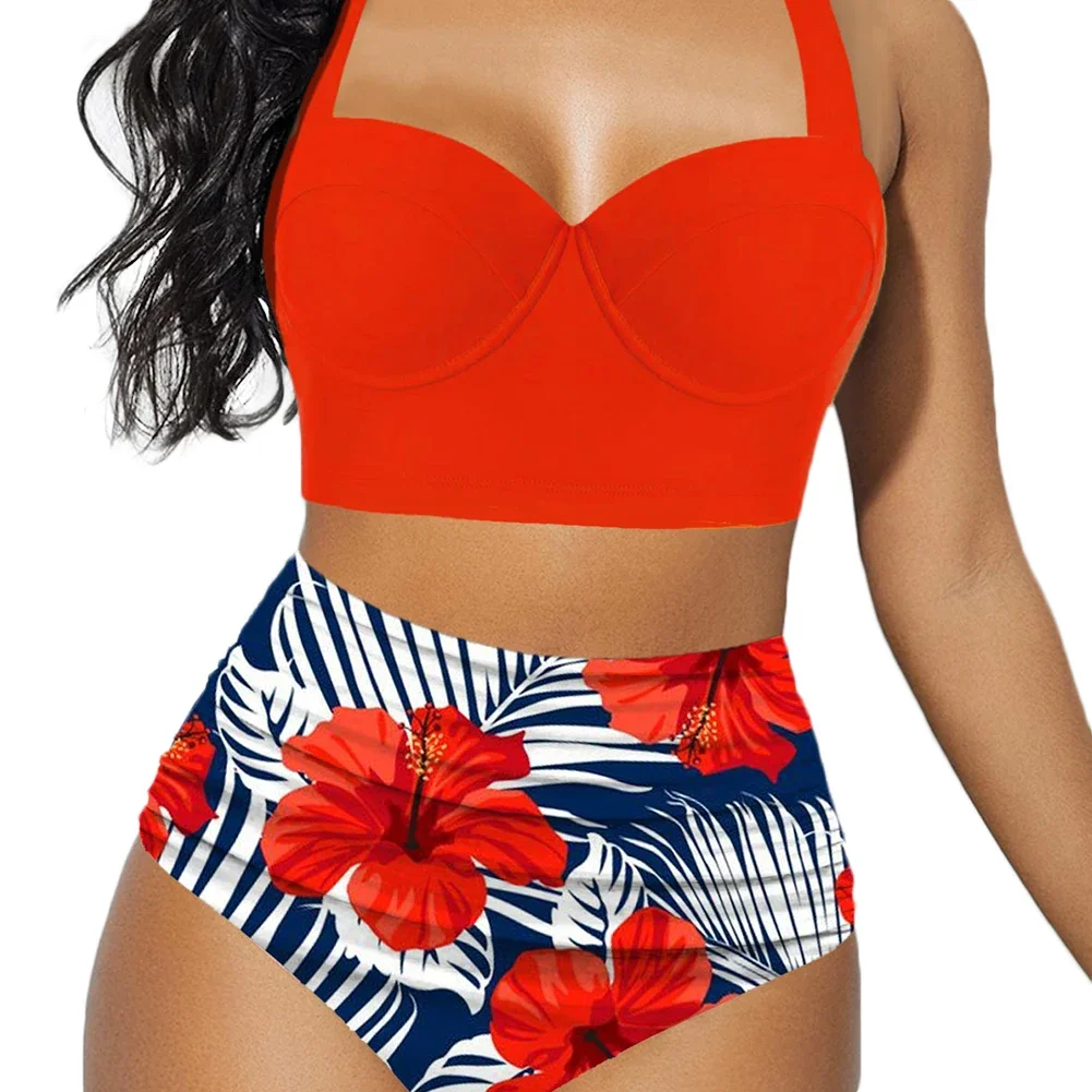 

Women Push Up Bikini Set Summer Sexy Slim Flower Print Female High Waist Swimming Suits