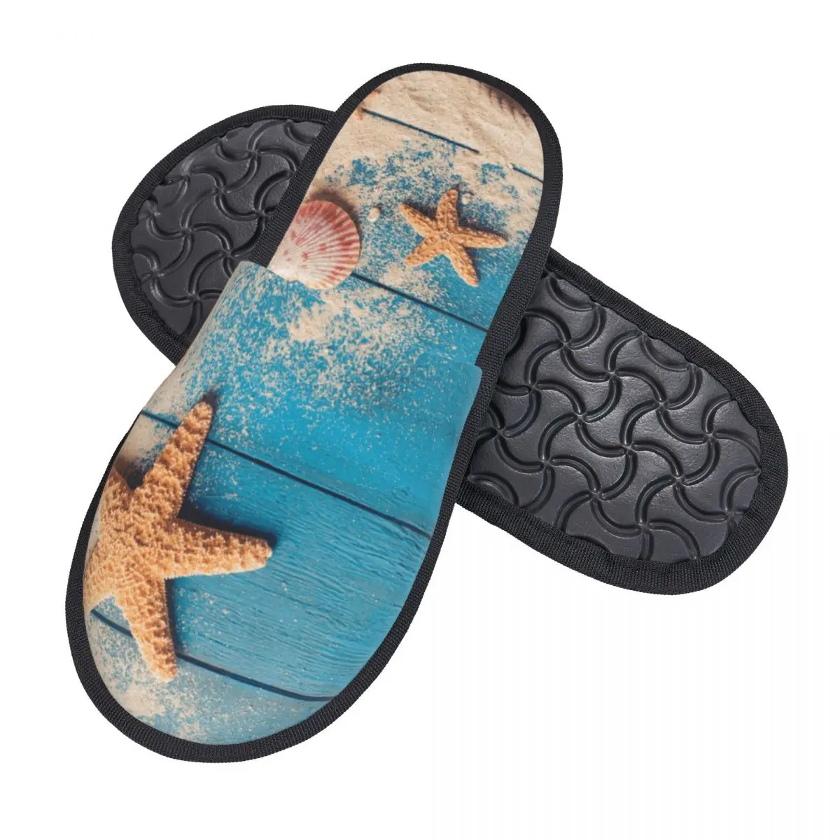 Winter Women Men Non-Slip Flat Slippers Summer Sea Shells And Starfish On Wooden Indoor Fur Soft Warm Shoes