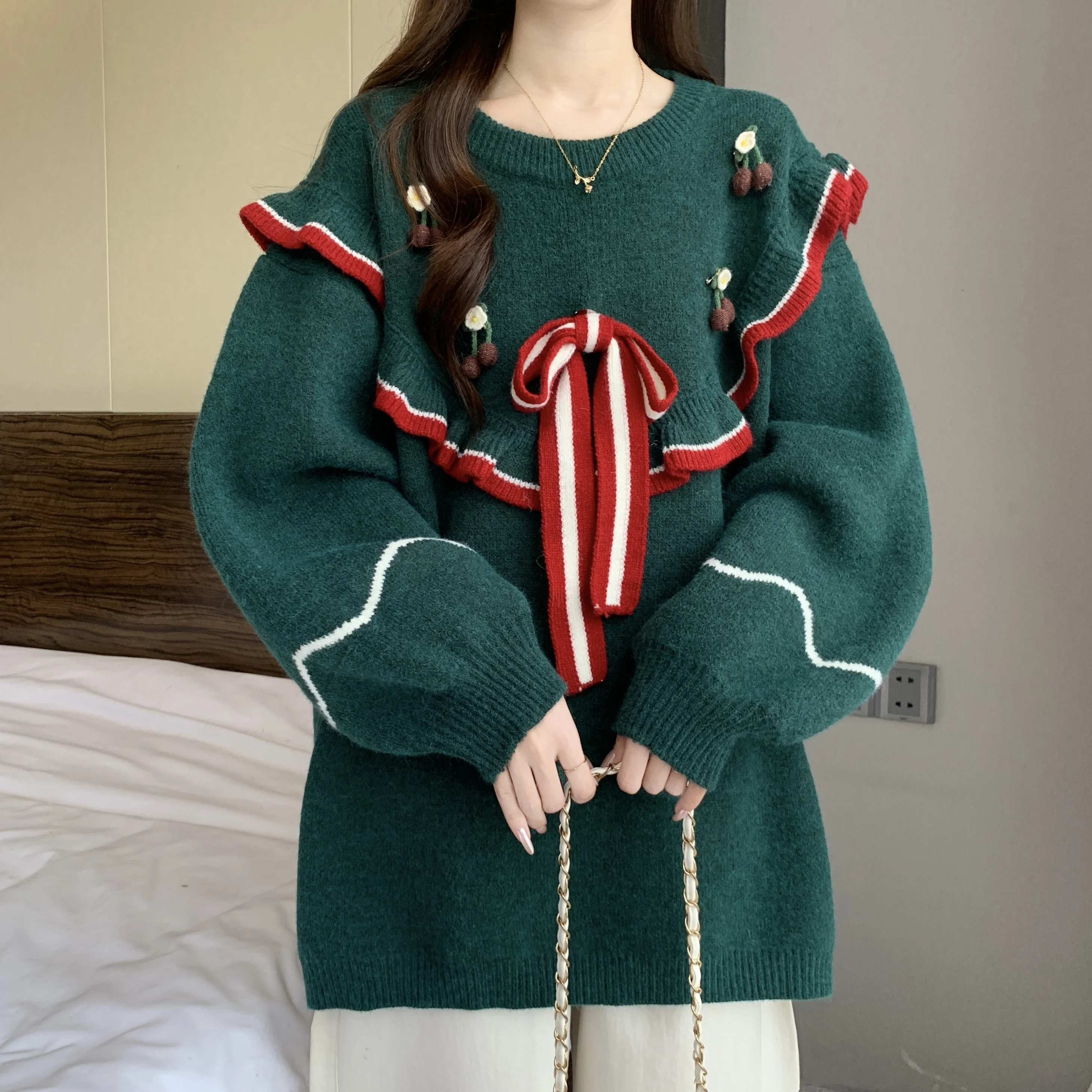 Women's Christmas Red Pullover Sweater Ruffled Drawstring Loose Tops Young-girls One-phone Winter Clothes New Knit Inner Green