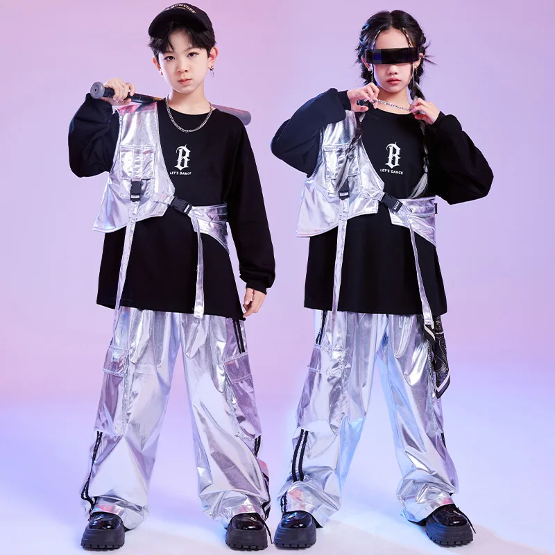 

Kid Hip Hop Clothing Silver One Shouder Vest Sweatshirt Top Casual Wide Cargo Pants for Girl Boy Jazz Dance Wear Costume Clothes