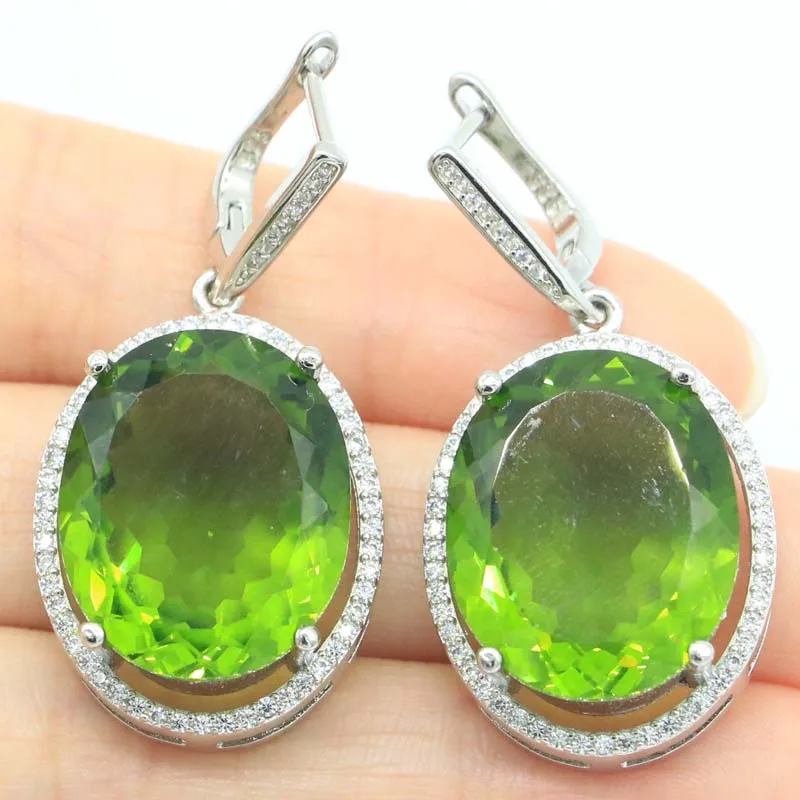 42x22mm Eye Catching Big Gemstone Pink Tourmaline Green Peridot CZ Gift For Woman's Dating Silver Dangle Earrings