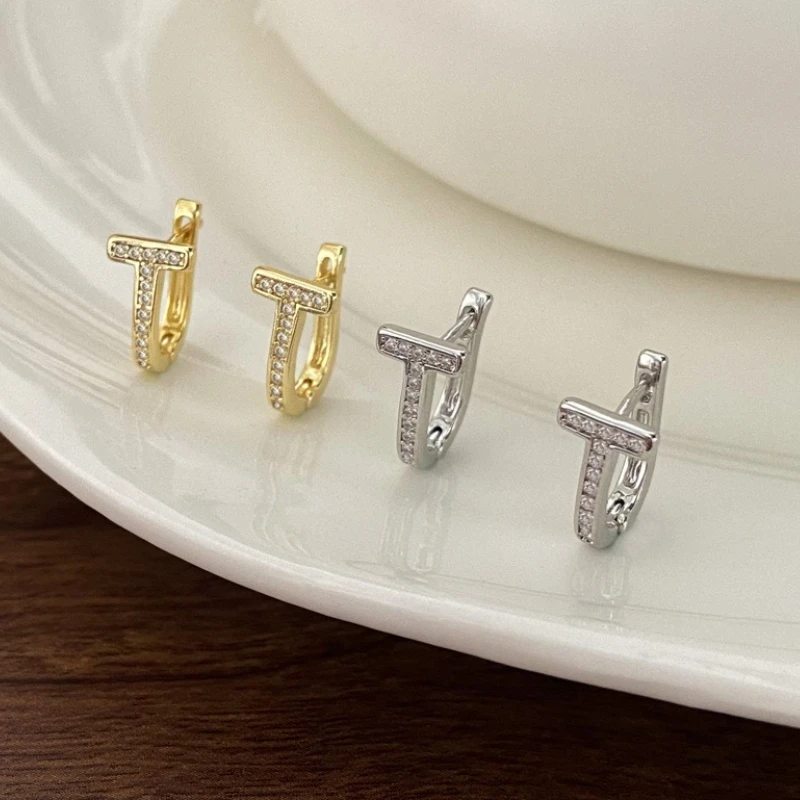 

925 Sterling Silver Zircon Nail Hoop Earrings for Women Minimalist T Shaped Round Earrings Trendy Shiny Jewelry Accessories