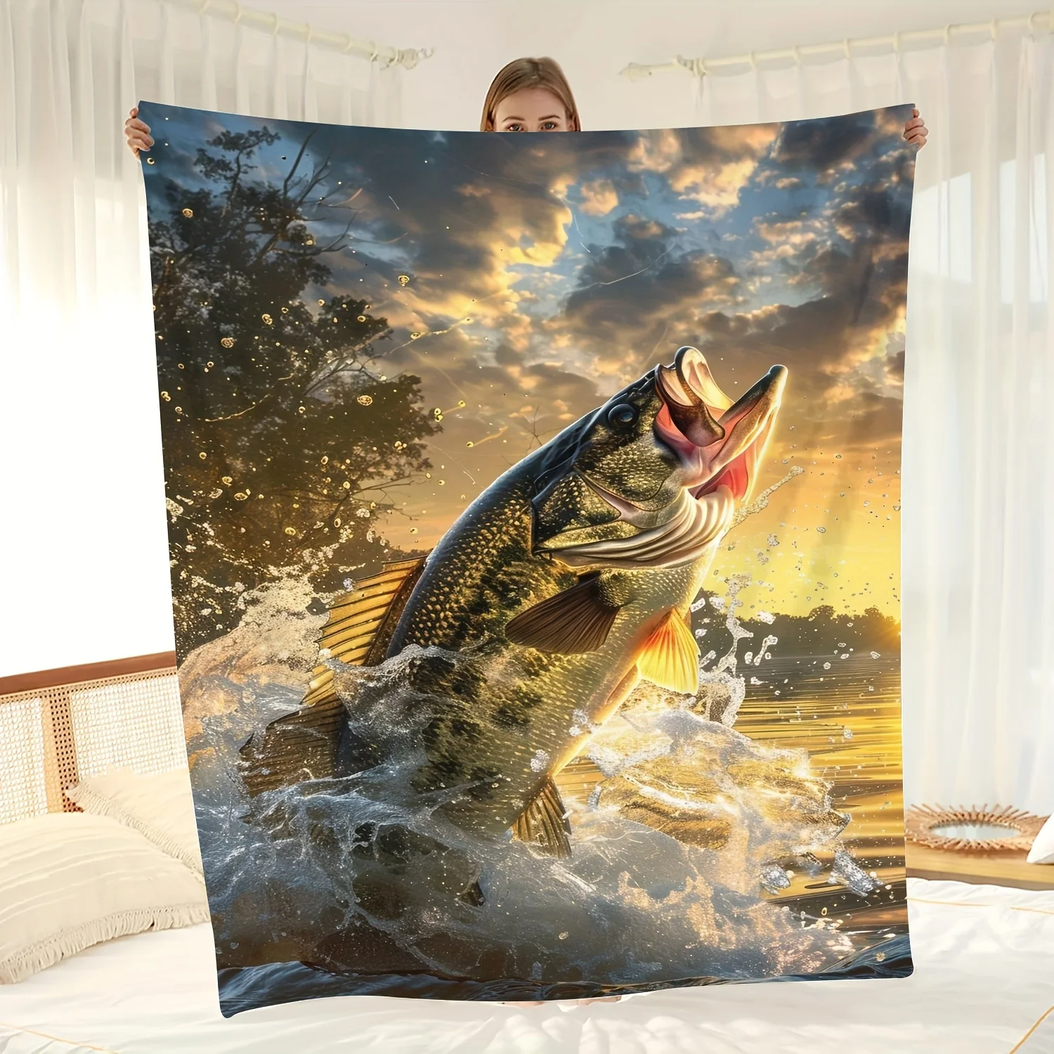 Soft Fleece Throw Blanket with Fishing Pattern, Perfect Gift for Anglers