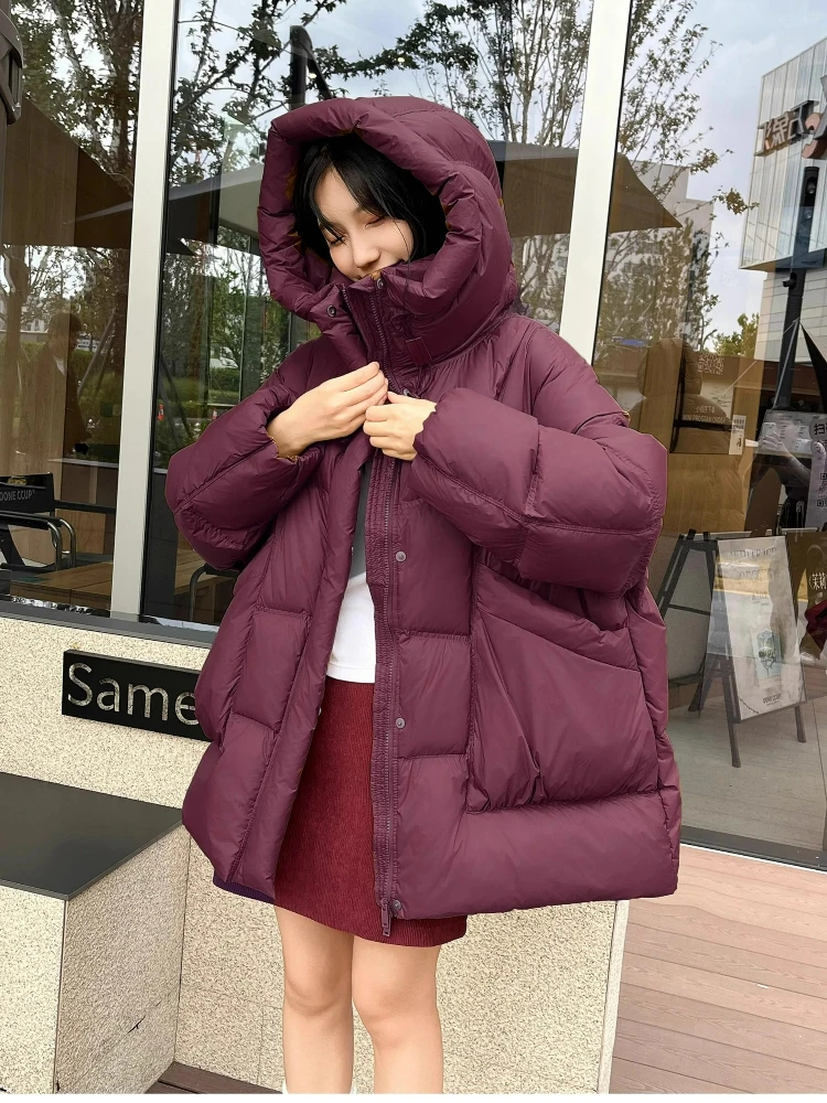 New Winter Thickened Puffer Down Jacket Women Warm Hooded Medium Length Loose Solid Color 90% White Duck Down Coat 2026