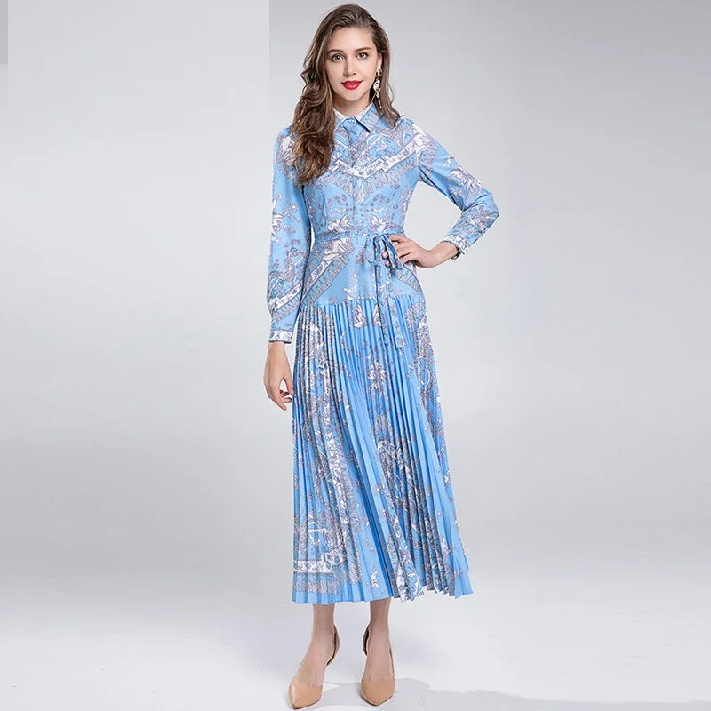 2023 Fashion Runway Spring Autumn Women Long Blue Turn-down Collar Belted Flower Print Holiday Elegant Pleated Dresses