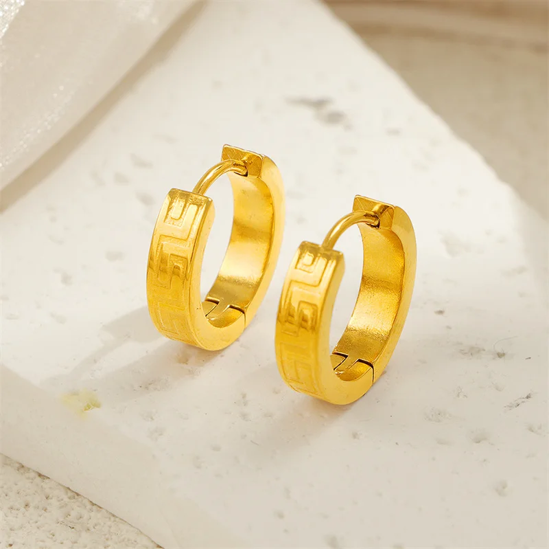 Trendy Geometric Great Wall Pattern Hoop Earrings for Women Charm Gold Color Stainless Steel Korea Earring Jewelry Colorfast