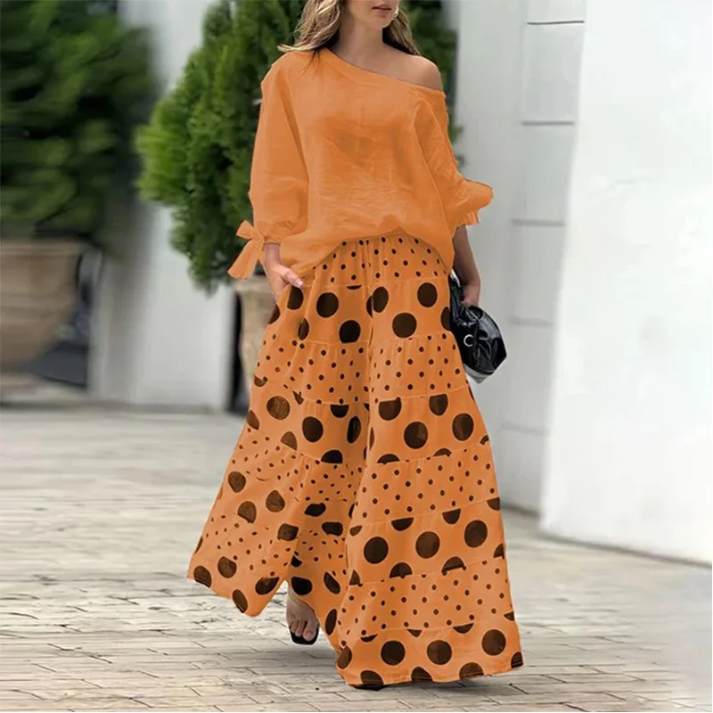 Elegant Women\'s Casual Off Shoulder Long Sleeved Lace Up Loose Shirt With Fashionable Polka Dot Print Long Skirt 2-piece Set