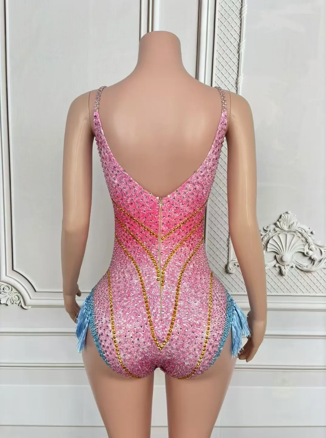 Sexy Stage Pink Blue Rhinestone Bodysuit Gogo Dancer Costume Birthday Nightclub Bar Club Dancewear Sexy Fringe Party Rave Outfit