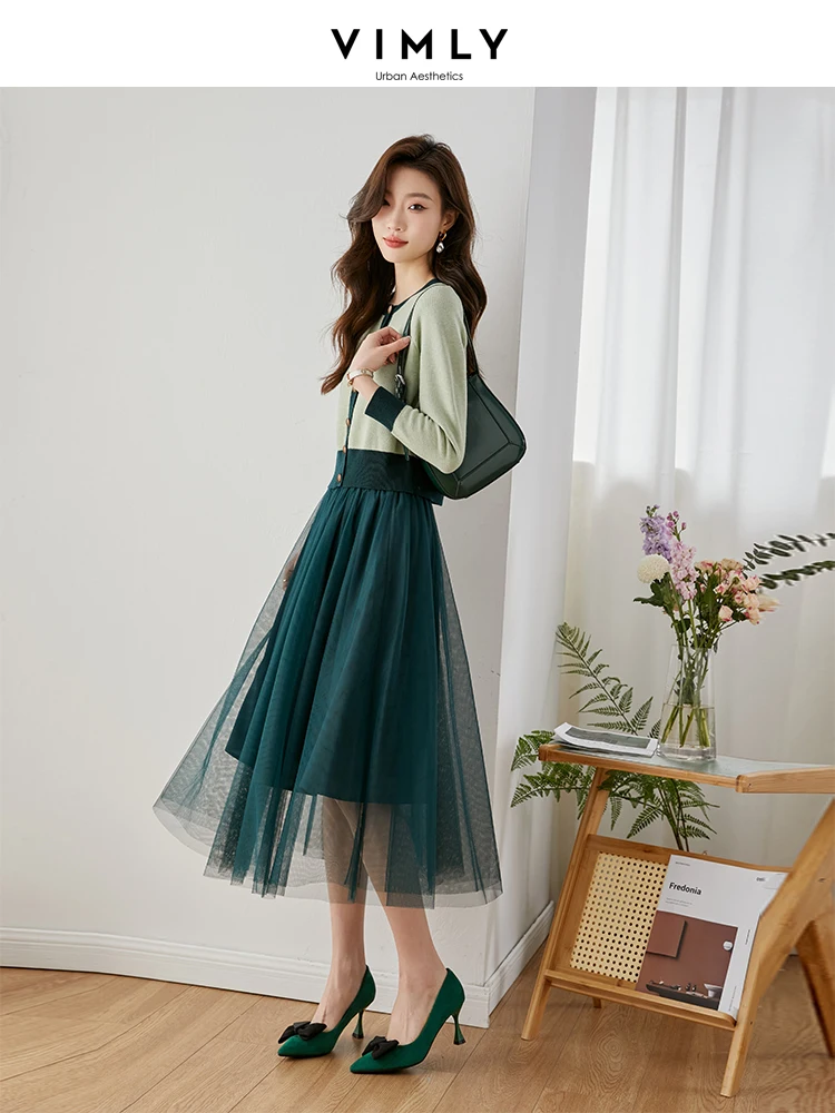 Vimly Korean Fashion Two Piece Sets Green Knitted Cardigan and Midi Mesh Skirt Womens Spring 2 Piece Outfits Matching Set M3386