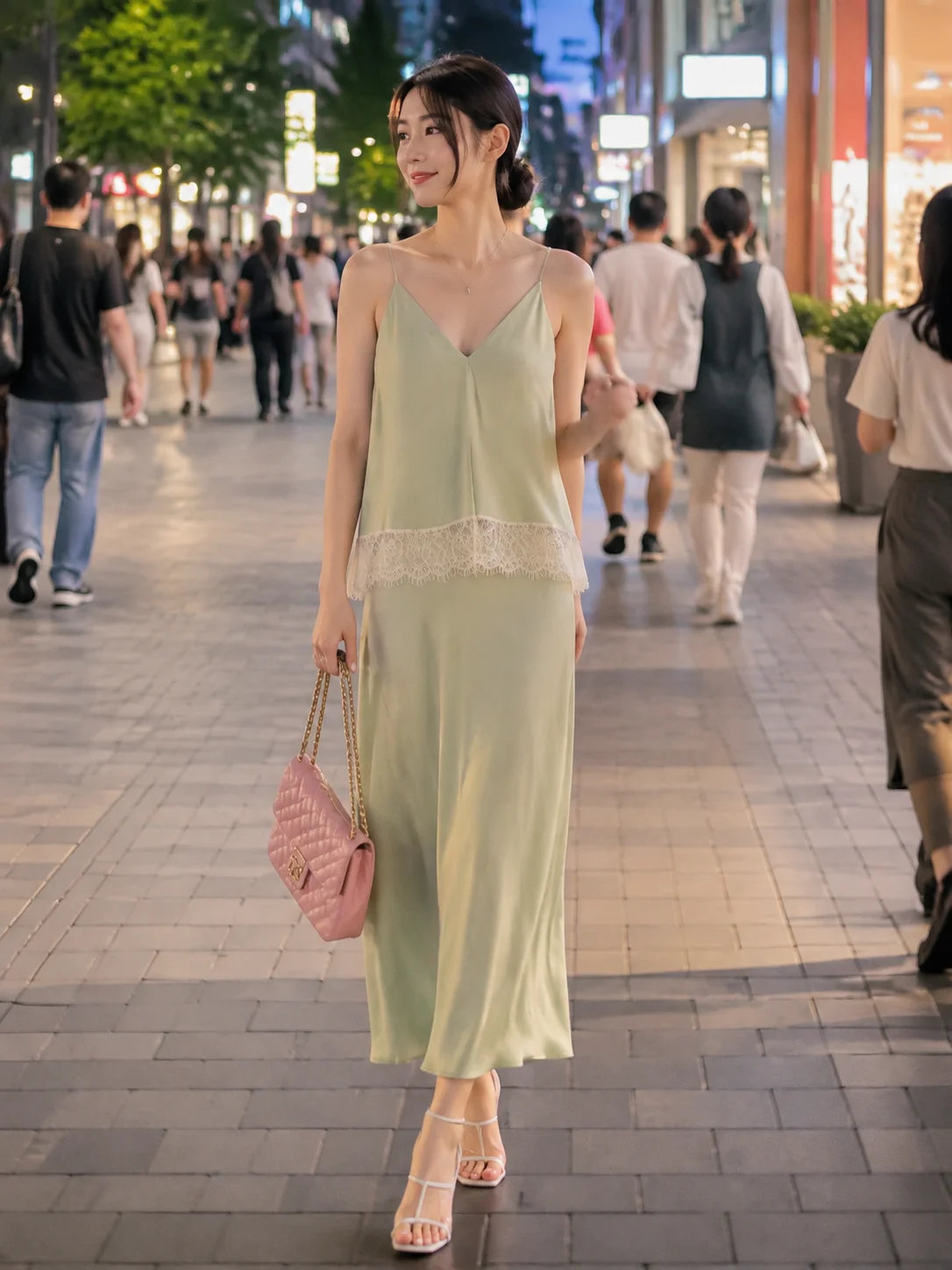 French Women Solid Satin Slip Dress Deep V Neck Spaghetti Straps Lace Spliced Layer Design Hem Elegant Casual Midi Long Dress