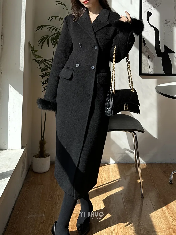 Korean Fashionable Winter Real Fox Fur Sleeve Coat Double Brested Waist-closure Sand Flap Trim Double-sided Wool Jacket Women